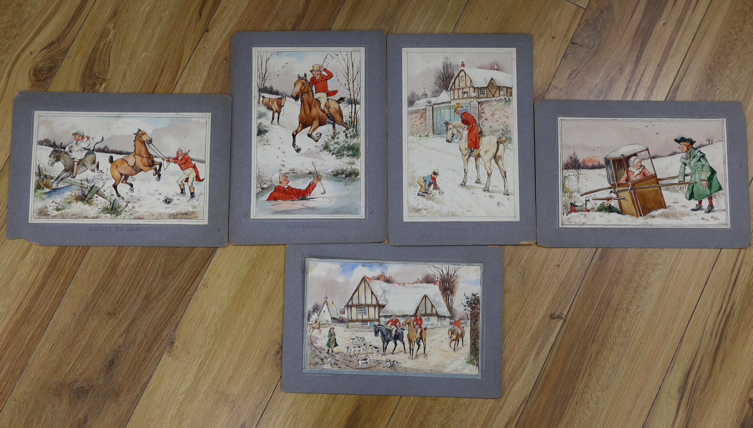 Tom Kennedy, five ink and watercolour studies, Old English hunting scenes, 24 x 15cm, unframed